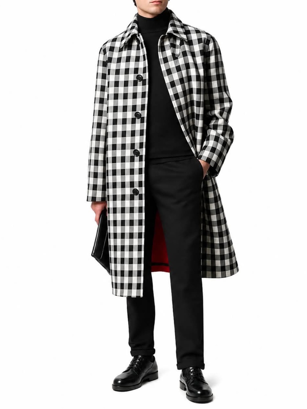AMI Paris Checked Mac Coat Mens Small Black Ivory Wool Blend Plaid Overcoat
